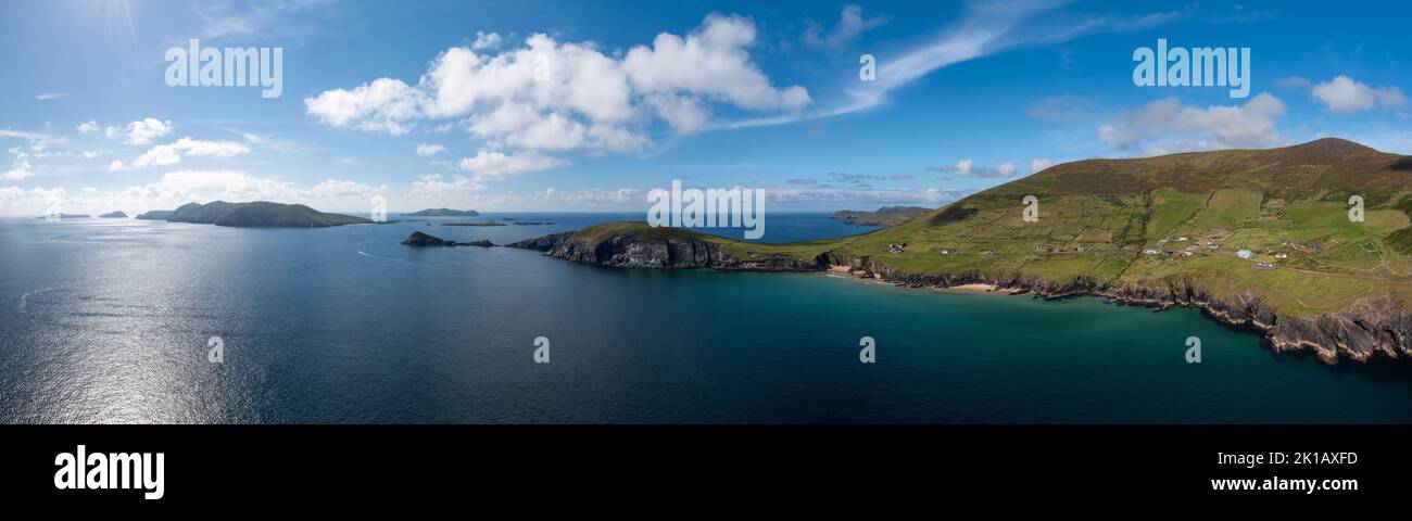 aerial panorama view of Slea Head and the Dingle Peninsula in County Kerry of western Ireland Stock Photo