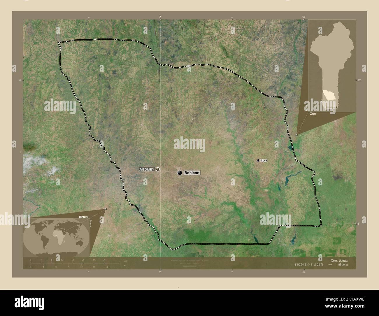 Zou, department of Benin. High resolution satellite map. Locations and