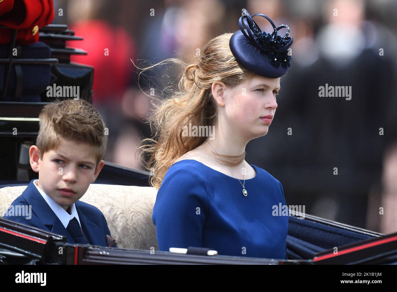 File photo dated 08/06/19 of Viscount Severn and Lady Louise Windsor make their way along The Mall to Buckingham Palace, in London, after the Trooping the Colour ceremony, as Queen Elizabeth II celebrates her official birthday. The late monarch had eight grandchildren, who are performing a vigil around her coffin on Saturday, and 12 great-grandchildren. The Queen was grandmother to eight grandchildren, who all held a deep respect and admiration for their Granny. Peter Phillips, Zara Tindall, the Prince of Wales, the Duke of Sussex, Princess Beatrice, Princess Eugenie, Lady Louise Windsor and V Stock Photo