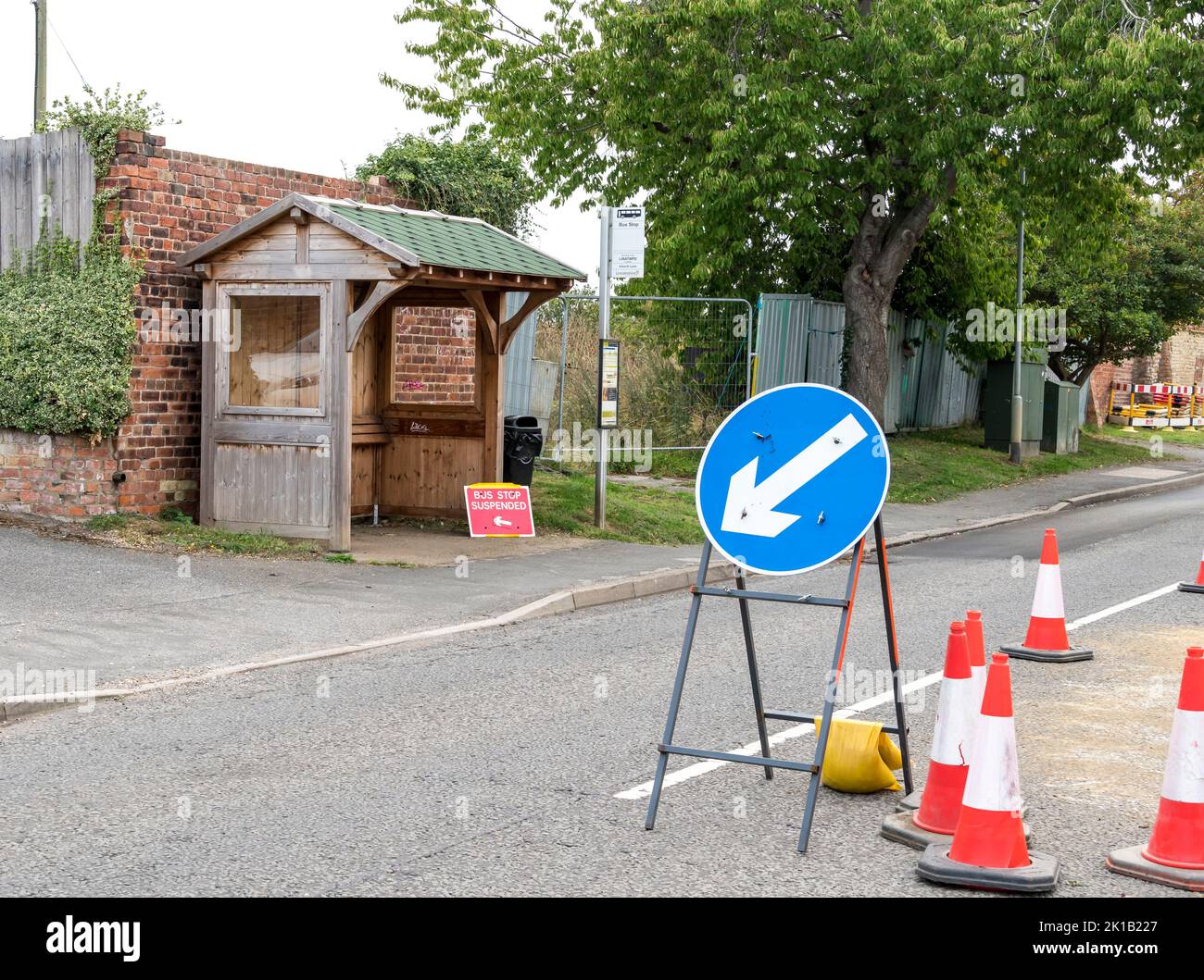 Bus stop suspended due to laying of new gas pipes, High Street Cherry Willingham, Lincoln 2022 Stock Photo