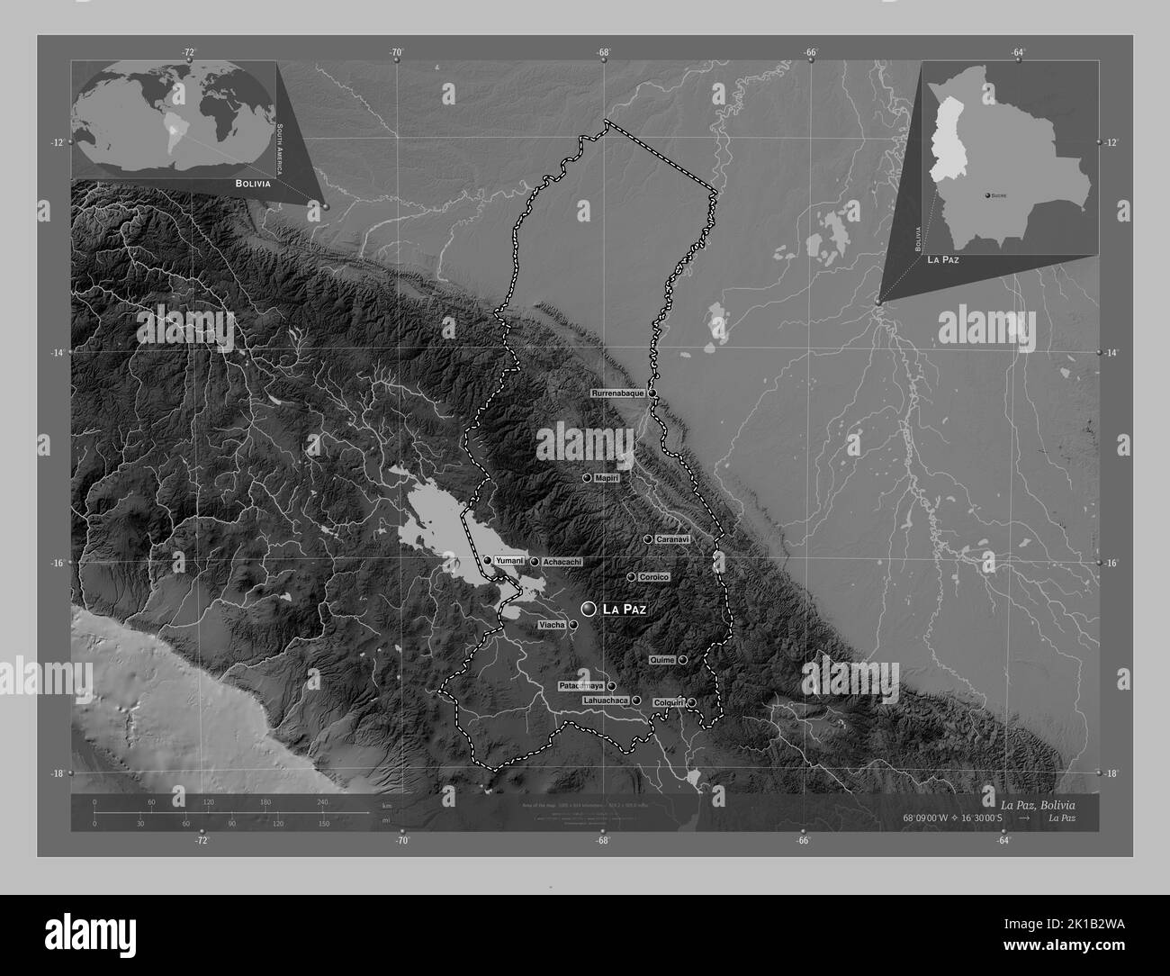 La Paz, department of Bolivia. Grayscale elevation map with lakes and rivers. Locations and