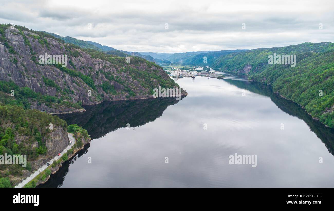 Aerial view of the Fedafjorden fjord in Norway Stock Photo