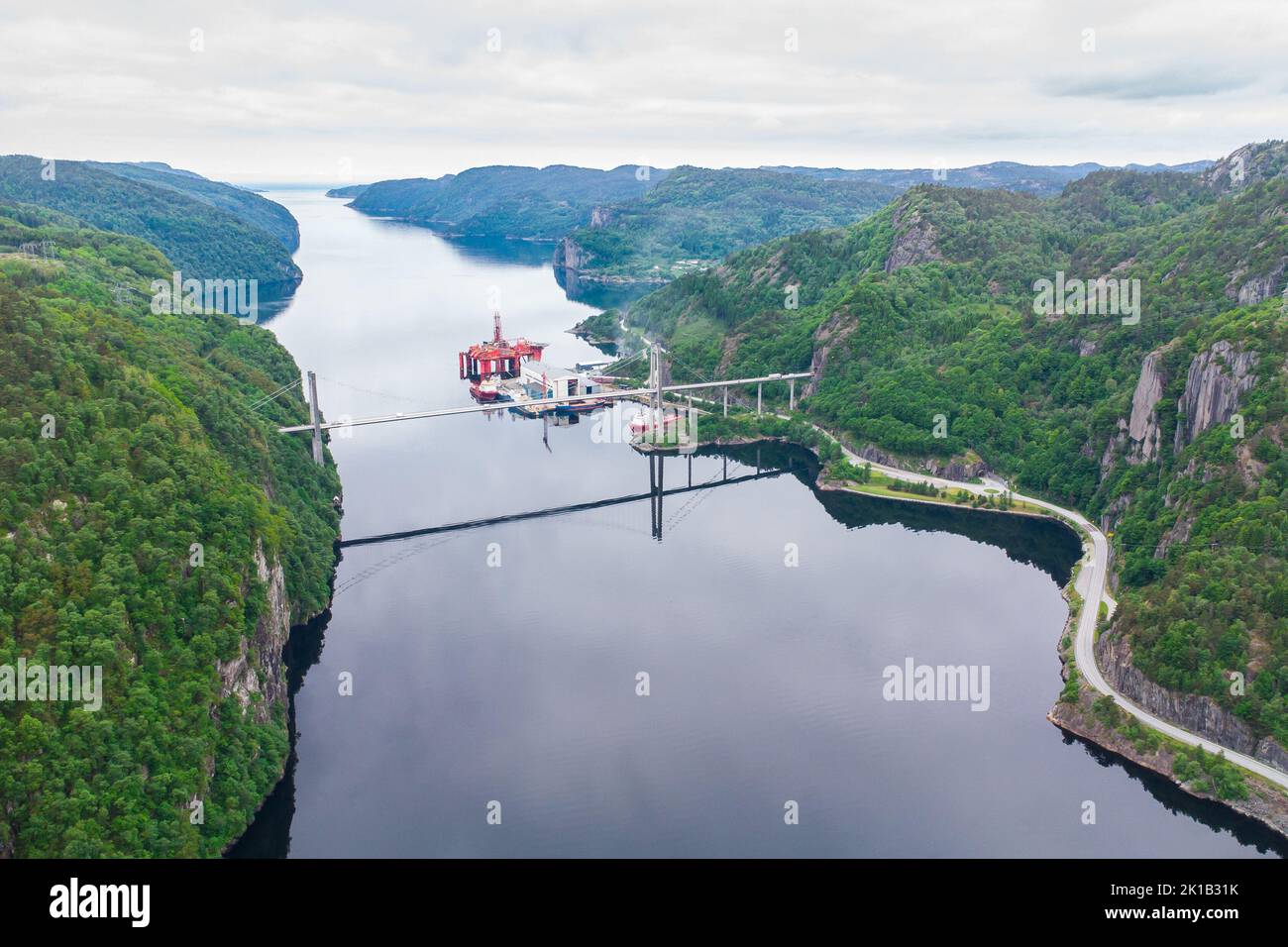 Aerial view of the Fedafjorden bru bridge crossing a fjord in Norway Stock Photo
