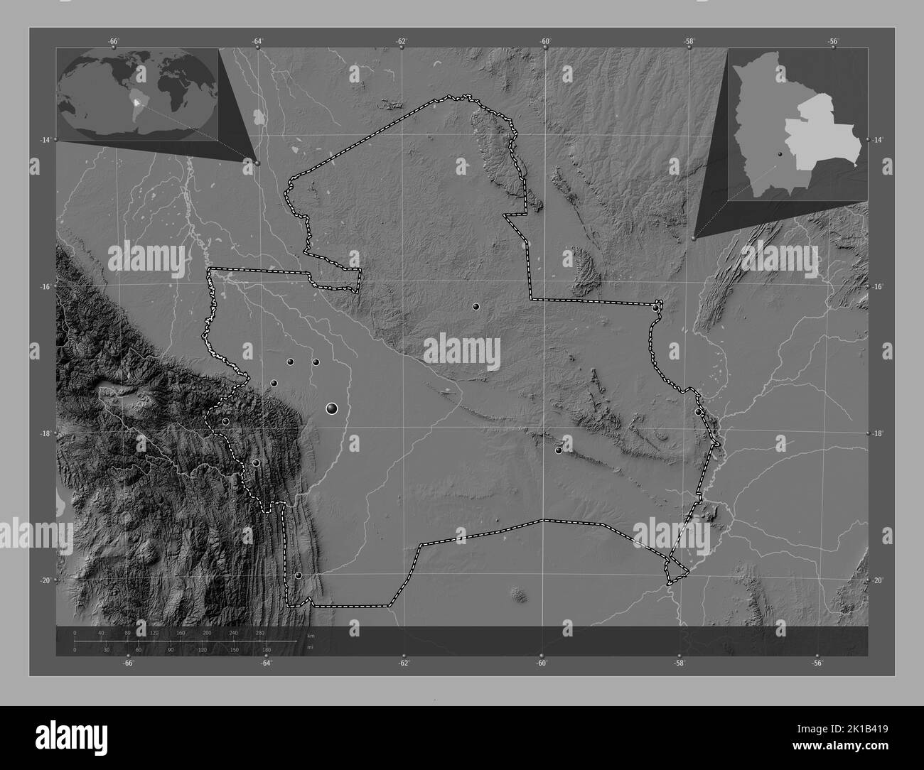 Santa Cruz department of Bolivia. Bilevel elevation map with