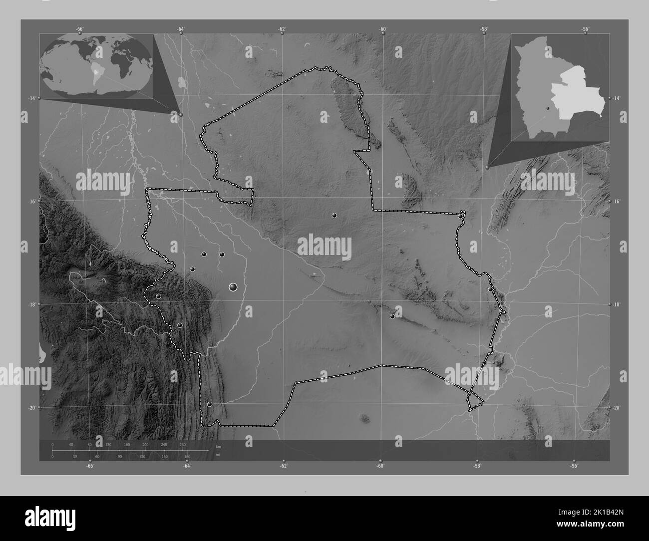 Santa Cruz, department of Bolivia. Grayscale elevation map with lakes and rivers. Locations of major cities of the region. Corner auxiliary location m Stock Photo