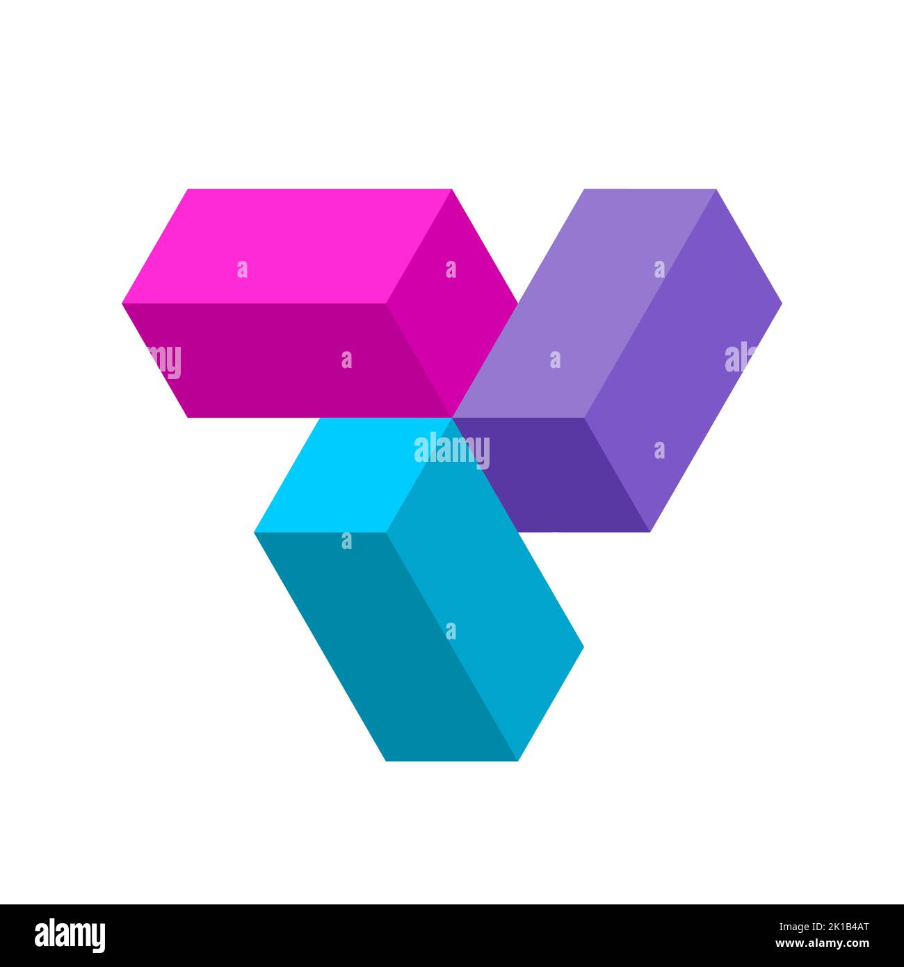 Colorful 3D propeller like shape. Three dynamic rectangles rotating. Isometric block elements. Three brick elements connected in a center. Vector Stock Vector