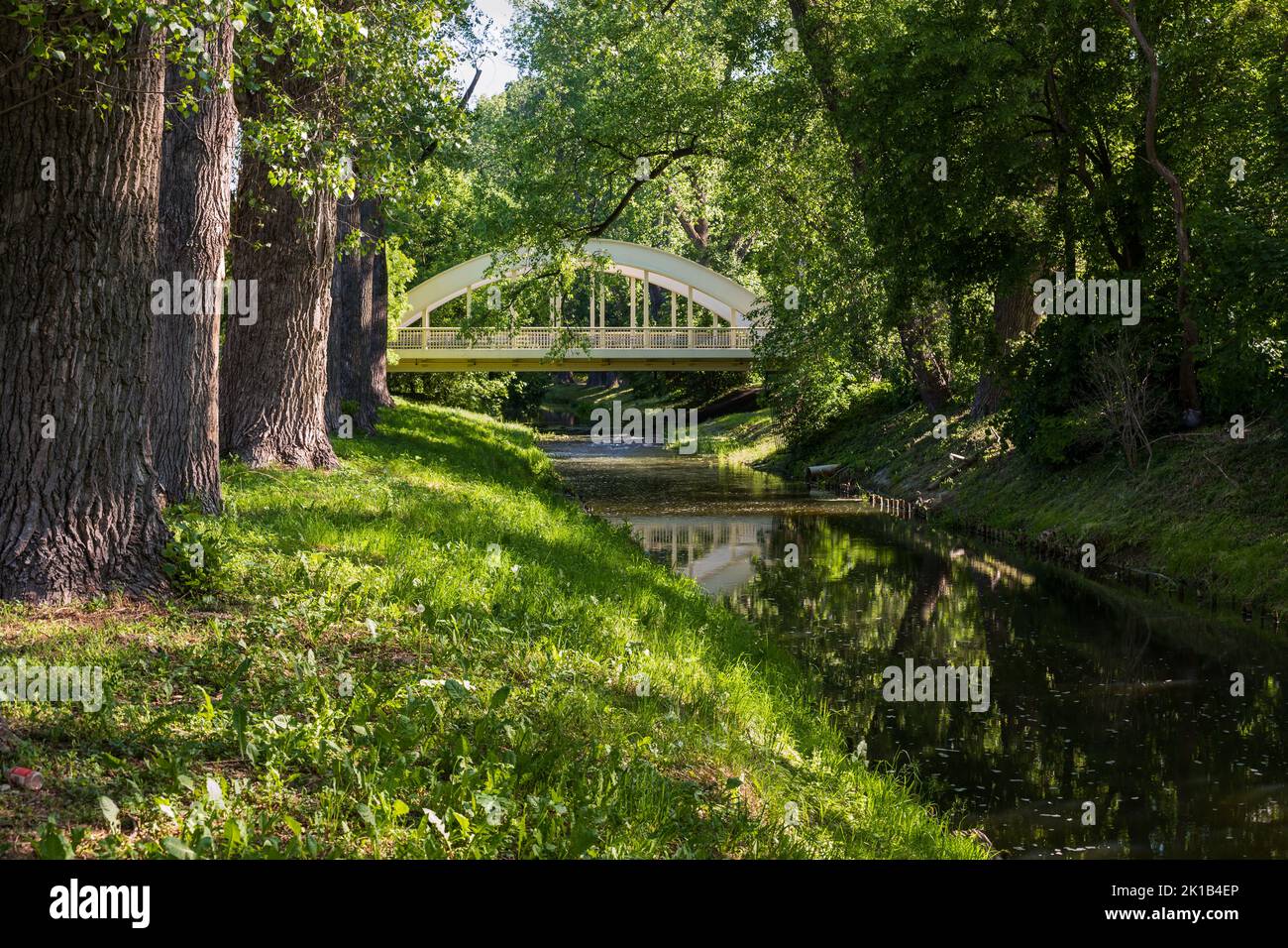 Lydynia River with Third of May Bridge (Polish: Most 3 Maja) in city of Ciechanow, Poland. Stock Photo