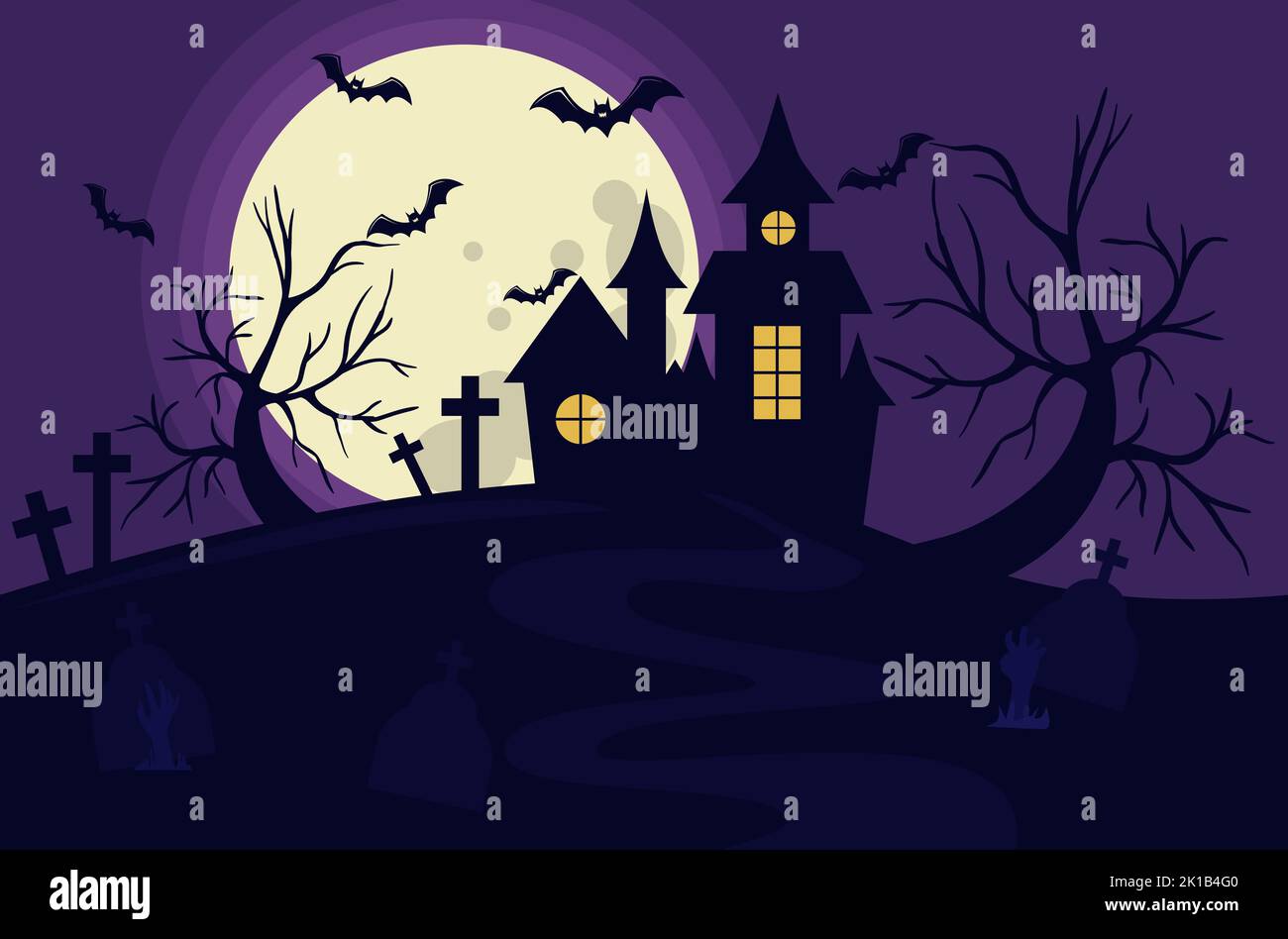 a scary house on a hill against the background of the full moon and bats of trees and graves with the hands of the dead Stock Vector