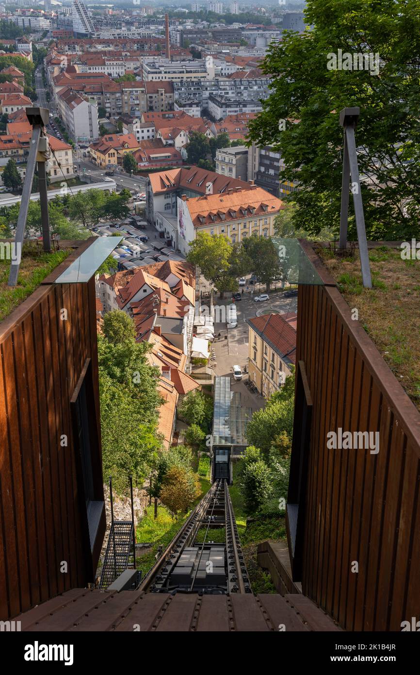 Ljubljana Funicular Railway that connects the Ljubljana Castle with the old town centre in Ljubljana, Slovenia. Stock Photo