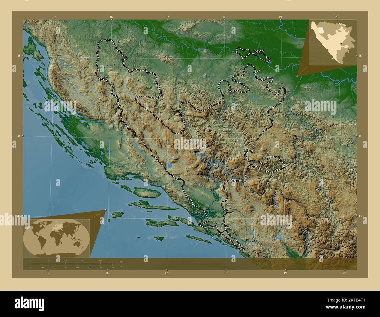 Federacija Bosna i Hercegovina, entity of Bosnia and Herzegovina. Colored elevation map with lakes and rivers. Corner auxiliary location maps Stock Photo