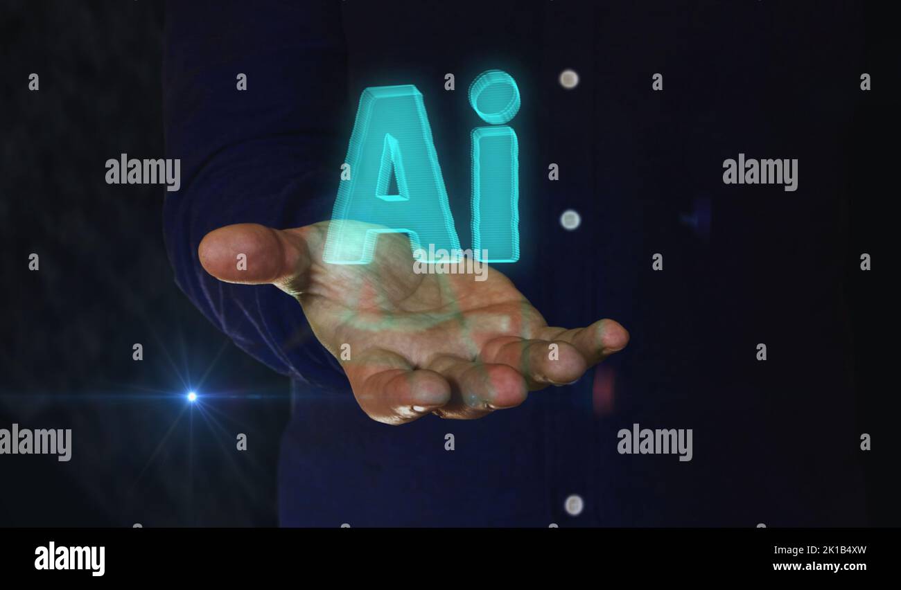 Artificial intelligence technology AI and deep learning 3d symbol over man hand. Network, cyber technology and computer background abstract 3d illustr Stock Photo