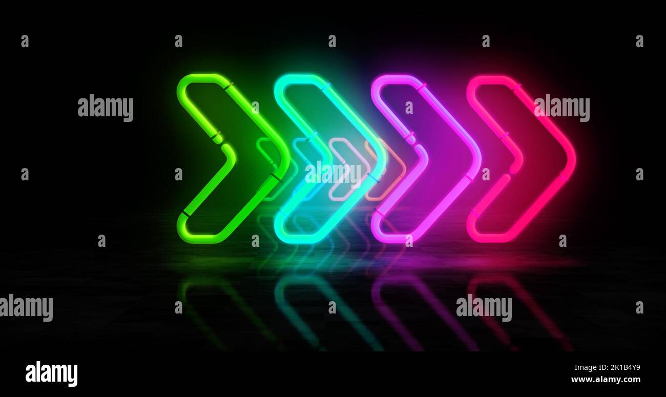 Arrow neon symbol. Direction and VJ arrows light color bulbs. Abstract concept 3d illustration. Stock Photo
