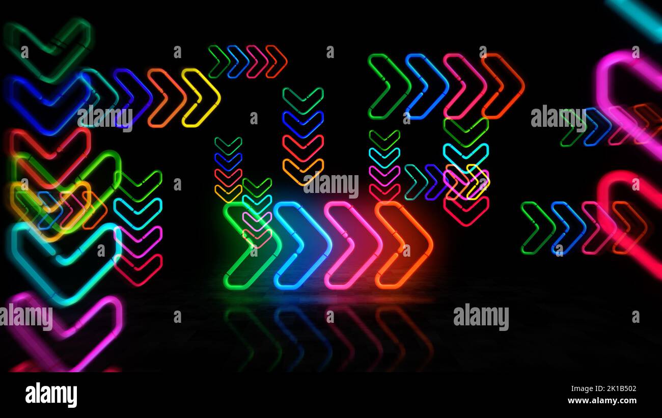 Arrow neon symbol. Direction and VJ arrows light color bulbs. Abstract concept 3d illustration. Stock Photo