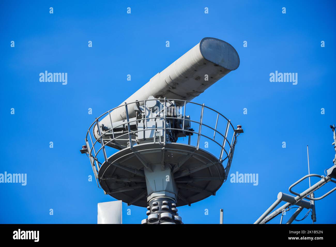 Image of a military radar air surveillance on navy ship tower Stock ...