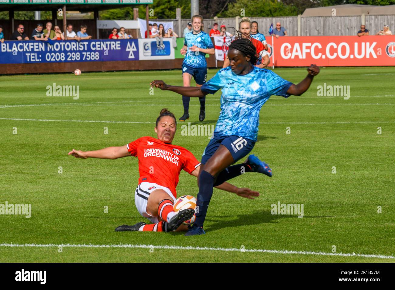 Crayford, UK. 28th Aug, 2022. Crayford, England, August 28th 2022: Hannah Godfrey (25 Charlton Athletic) tackling Karin Muya (16 London City Lionesses) during the Barclays FA Womens Championship game between Charlton Athletic and London City Lionesses at The Oakwood in Crayford, England. (Dylan Clinton/SPP) Credit: SPP Sport Press Photo. /Alamy Live News Stock Photo