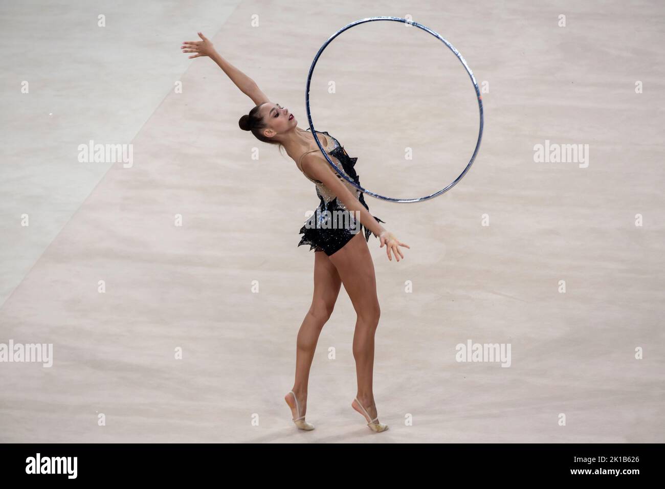 Moscow, Russia. 12th of September, 2022. Anastasia Guzenkova performs her hoop routine in a qualification at the 2022 All-Russian Summer Spartakiad in Rhythmic Gymnastics at Irina Viner-Usmanova Gymnastics Palace in Luzhniki in Moscow, Russia Stock Photo