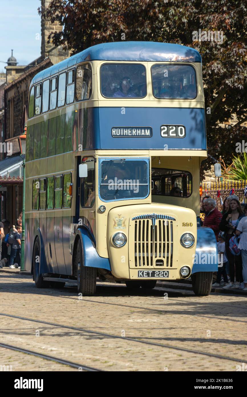 1954 KET 220 Daimler CVG6 Weymann H30/26R vintage double decker bus in Rotherham 220  blue and cream livery at Beamish County Durham Stock Photo