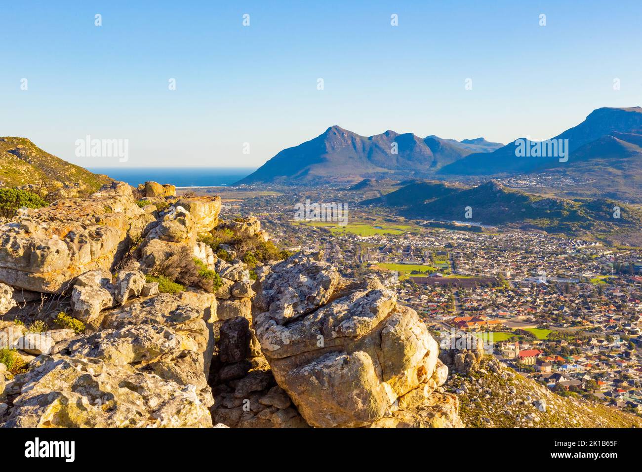 Fish Hoek residential neighborhood viewed from the top of local mountain range Stock Photo