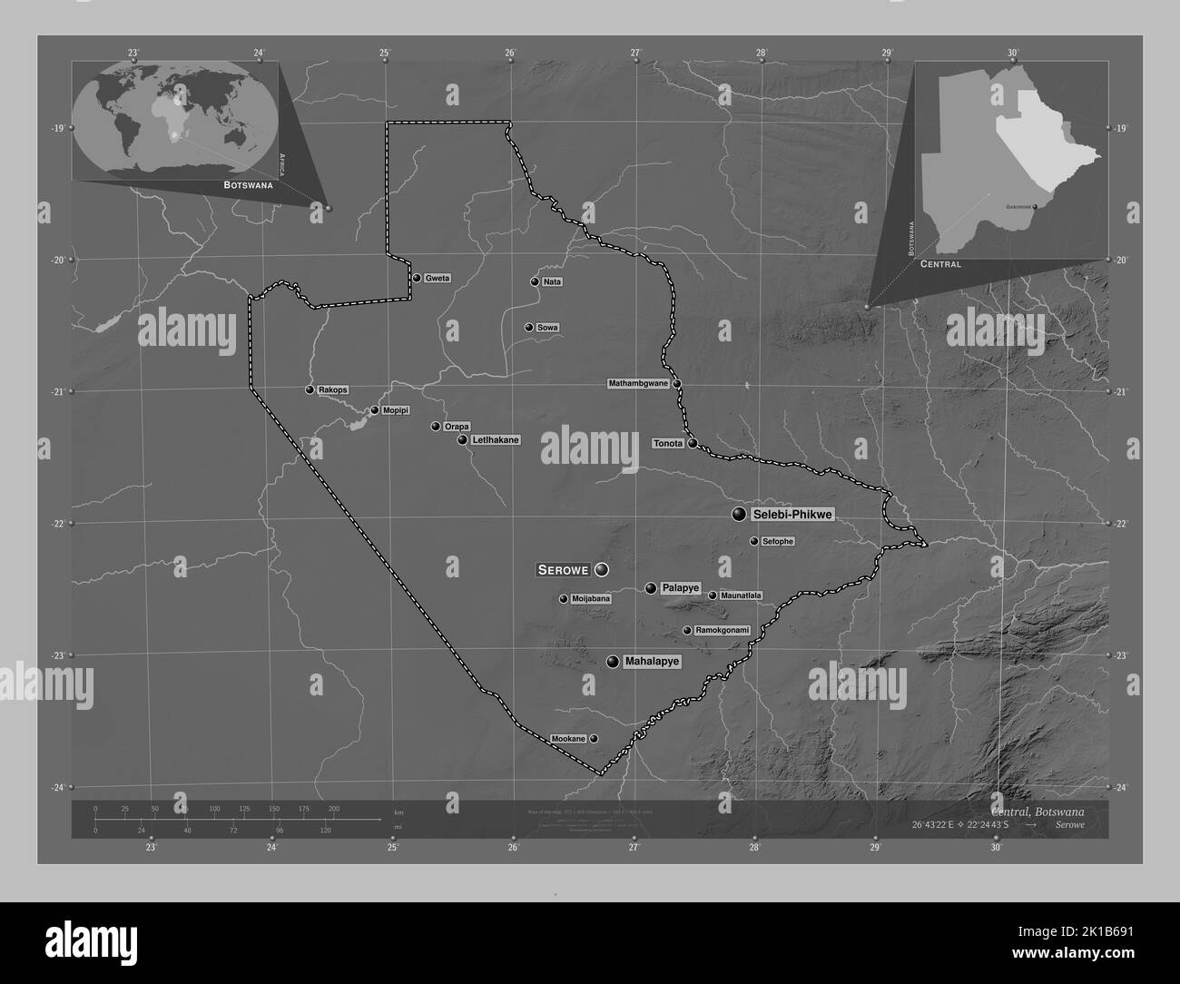 Central, district of Botswana. Grayscale elevation map with lakes and ...