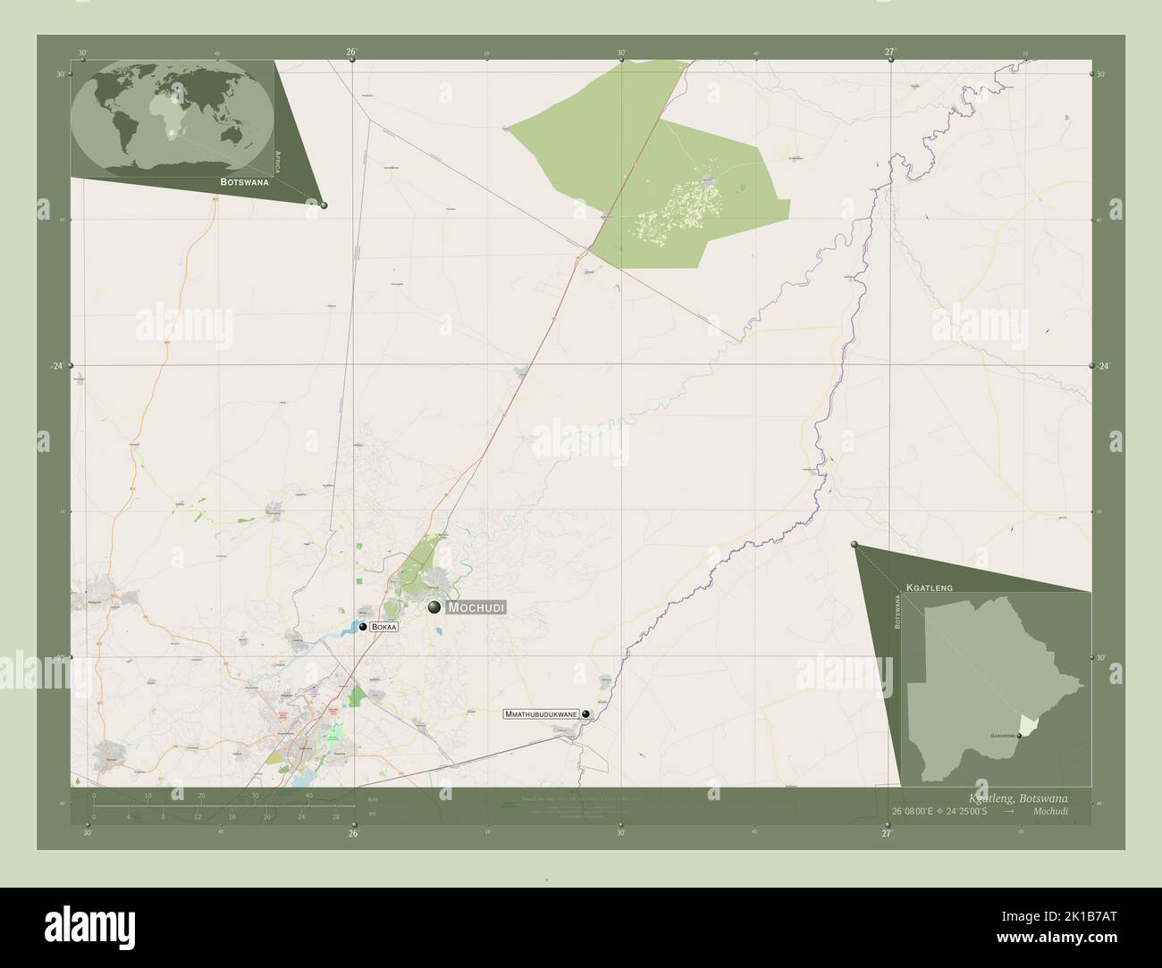 Kgatleng, district of Botswana. Open Street Map. Locations and names of major cities of the region. Corner auxiliary location maps Stock Photo