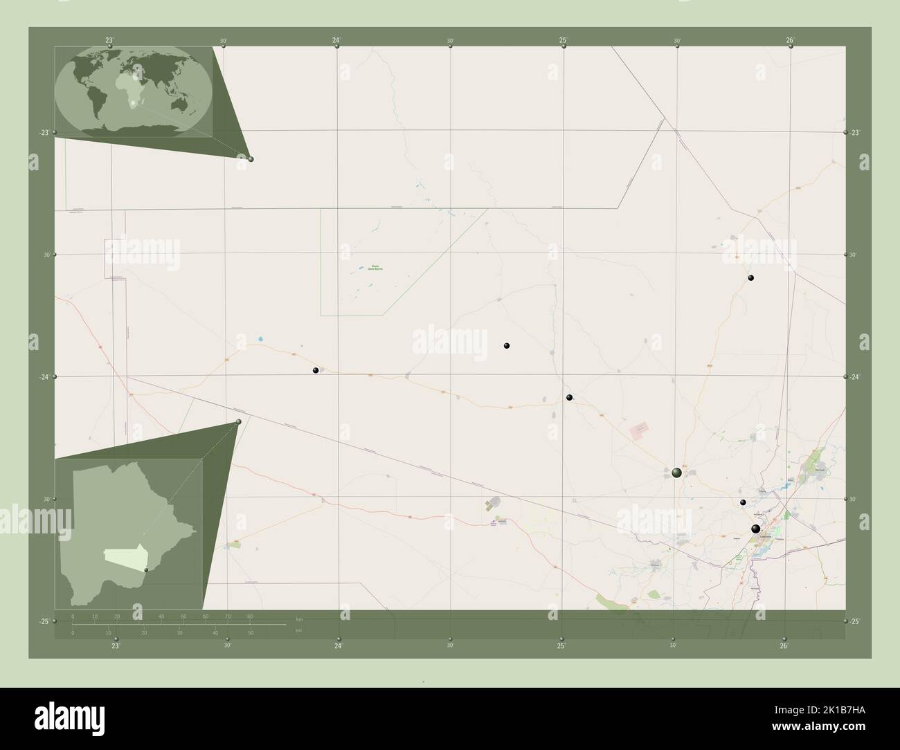 Kweneng, district of Botswana. Open Street Map. Locations of major ...