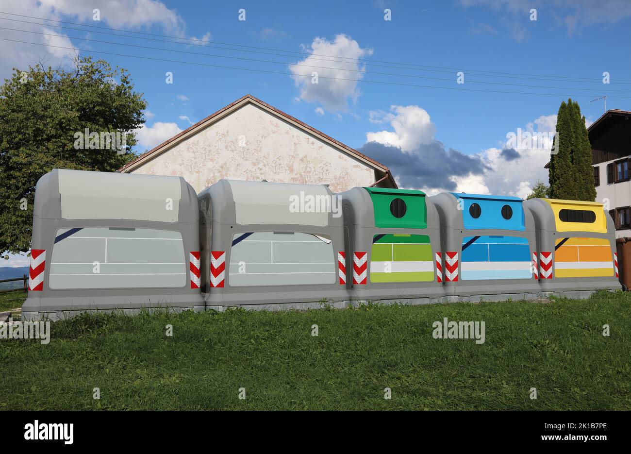 Five bins for separate waste collection where you can throw away rubbish plastic glass paper