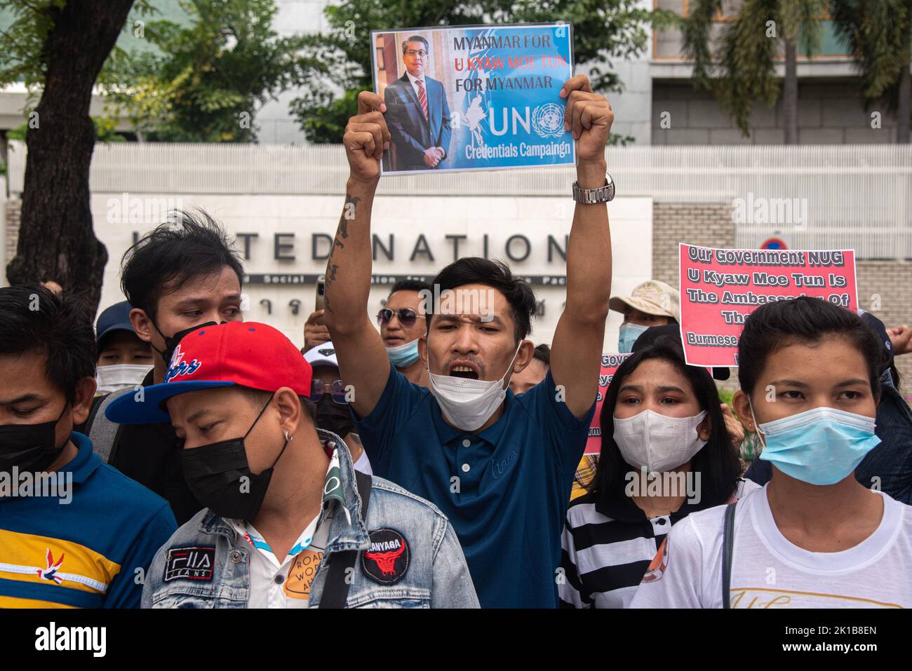 Bangkok, Thailand. 17th Sep, 2022. A protester holds a placard with
