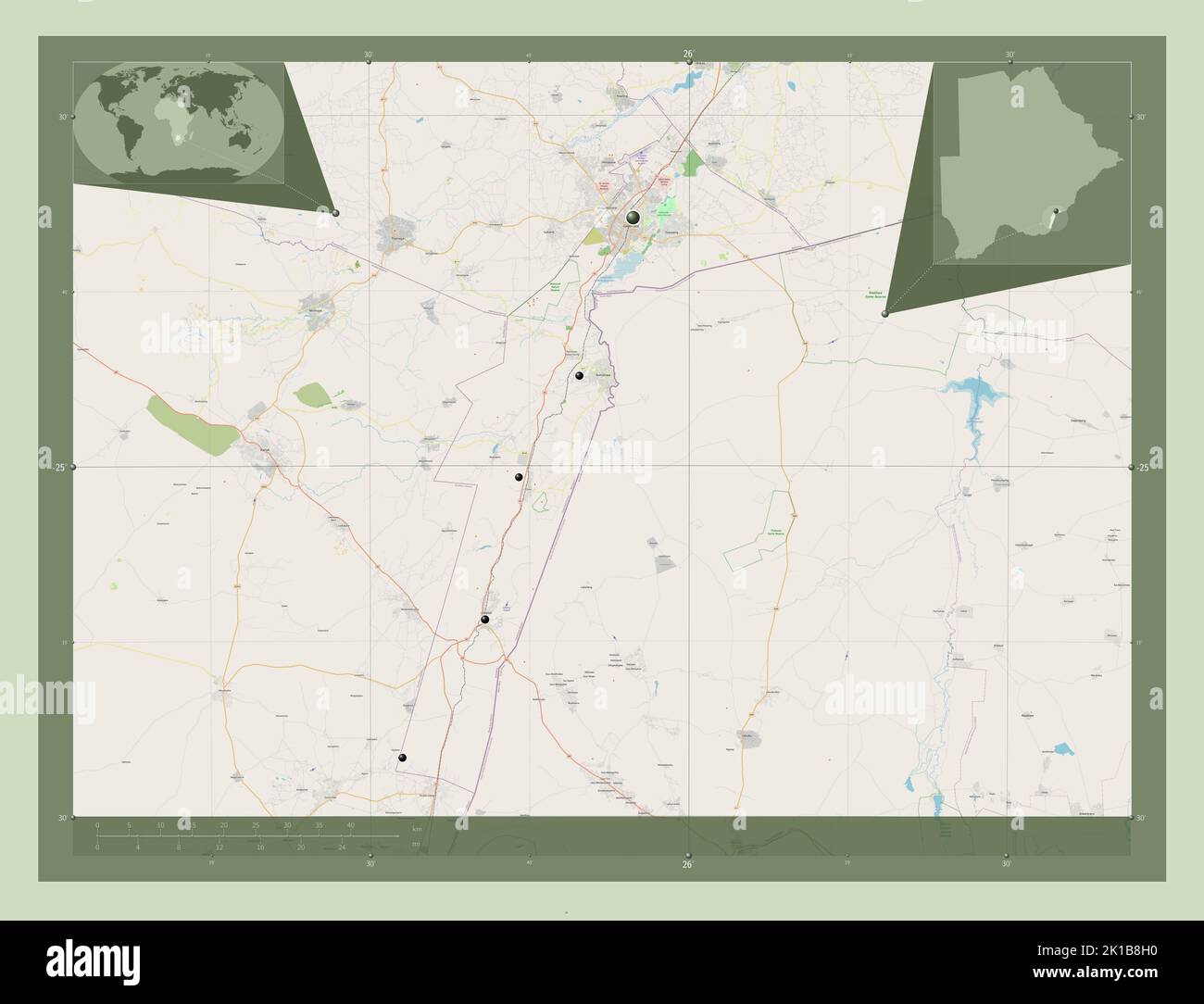 South-East, district of Botswana. Open Street Map. Locations of major ...