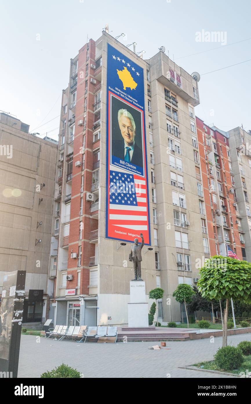 Pristina, Kosovo - June 5, 2022: Bill Clinton Boulevard with Bill Clinton statue in Pristina, the capital of Kosovo. William Jefferson Clinton was 42n Stock Photo