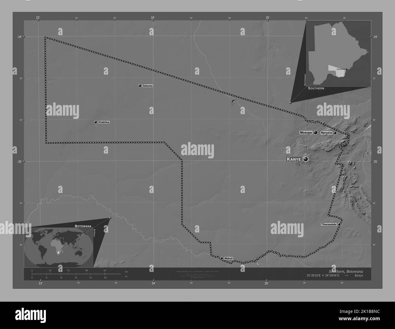 Southern, district of Botswana. Bilevel elevation map with lakes and rivers. Locations and names of major cities of the region. Corner auxiliary locat Stock Photo