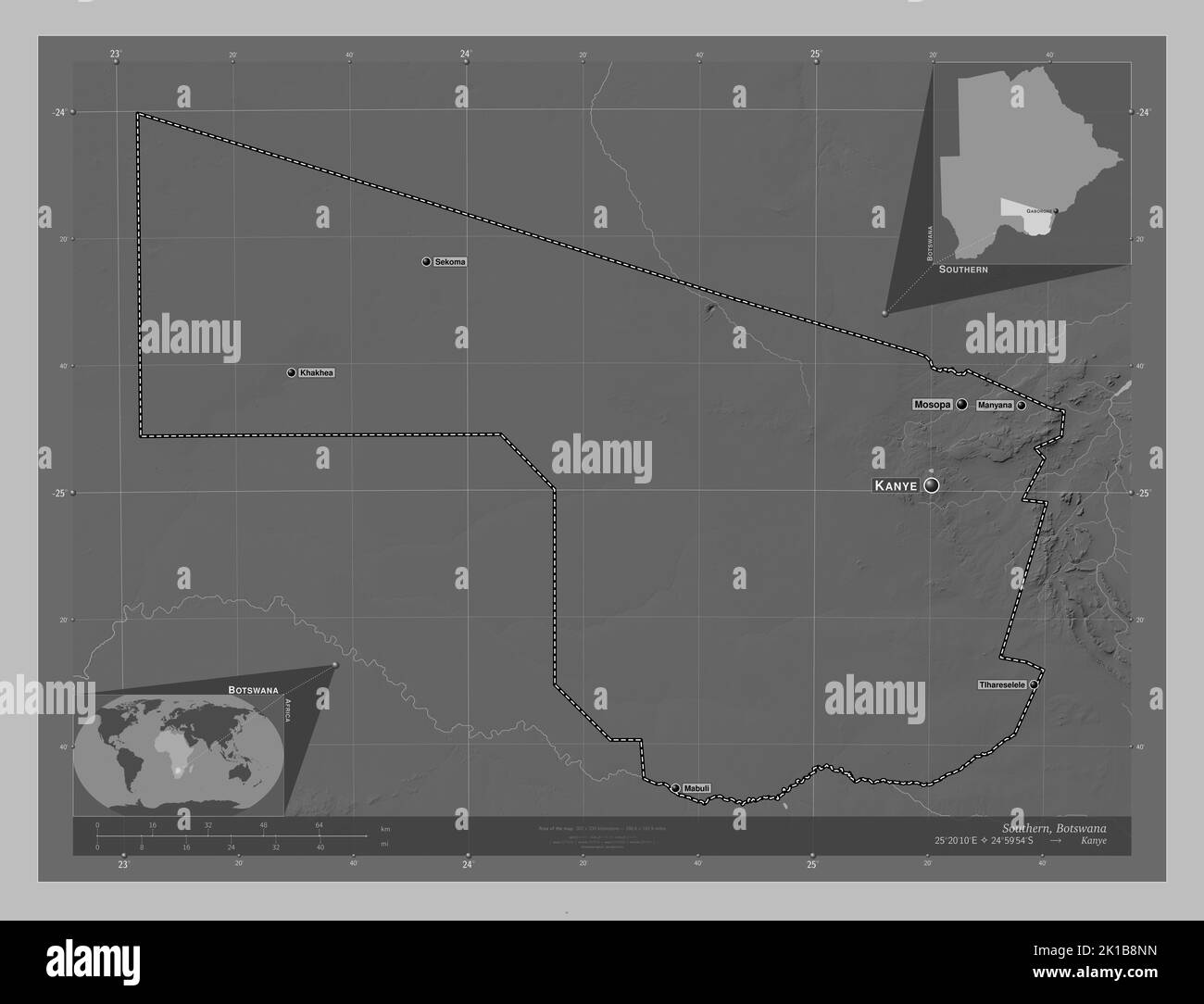 Southern, district of Botswana. Grayscale elevation map with lakes and rivers. Locations and names of major cities of the region. Corner auxiliary loc Stock Photo