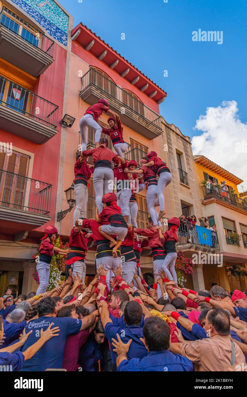 CAMBRILS, SPAIN - SEPTEMBER 04.2022: Castells Performance, a castell is a human tower built traditionally in festivals within Tarragona, vertical Stock Photo
