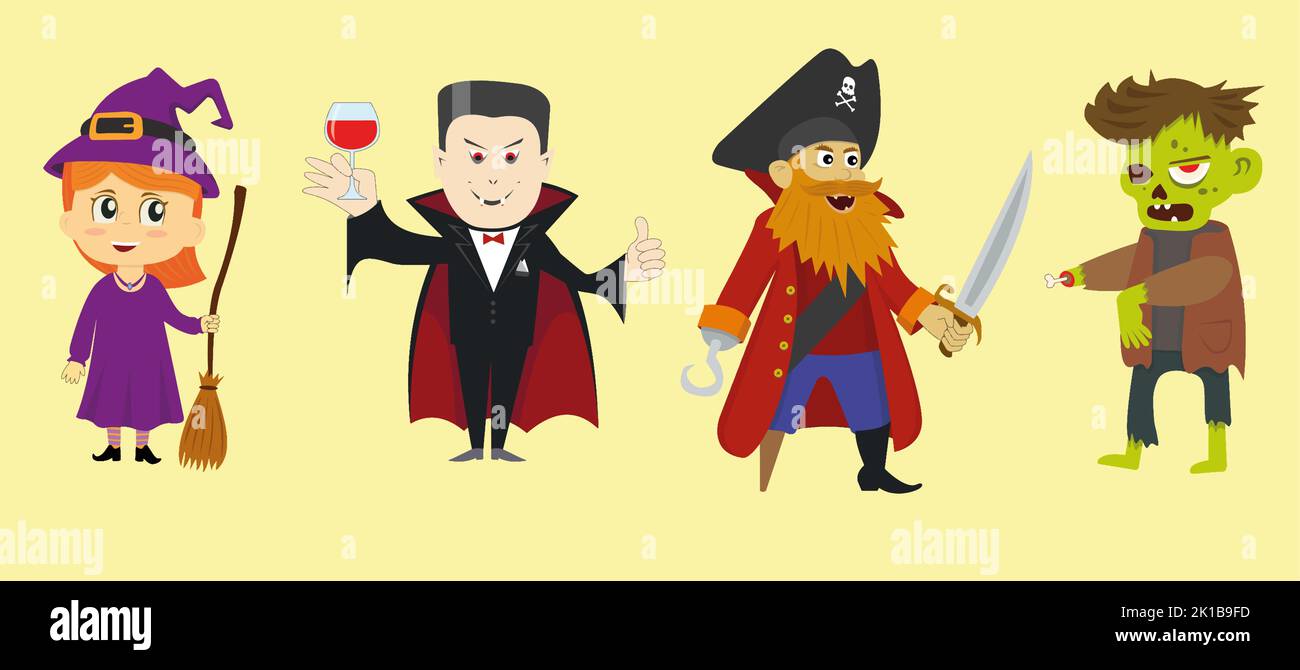 halloween characters pack withe drakula with pirat and zombie. Vector illustration Stock Vector