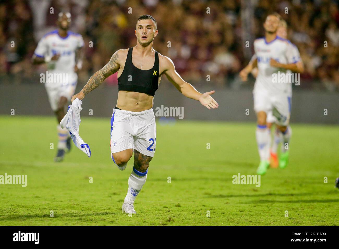 Lecce’s Brazilian forward Gabriel Strefezza celebrates after scoring a goal during the Serie A football match between Salernitana and  Lecce  at the Arechi Stadium in Salerno, southern Italy, on September 16, 2021. Stock Photo