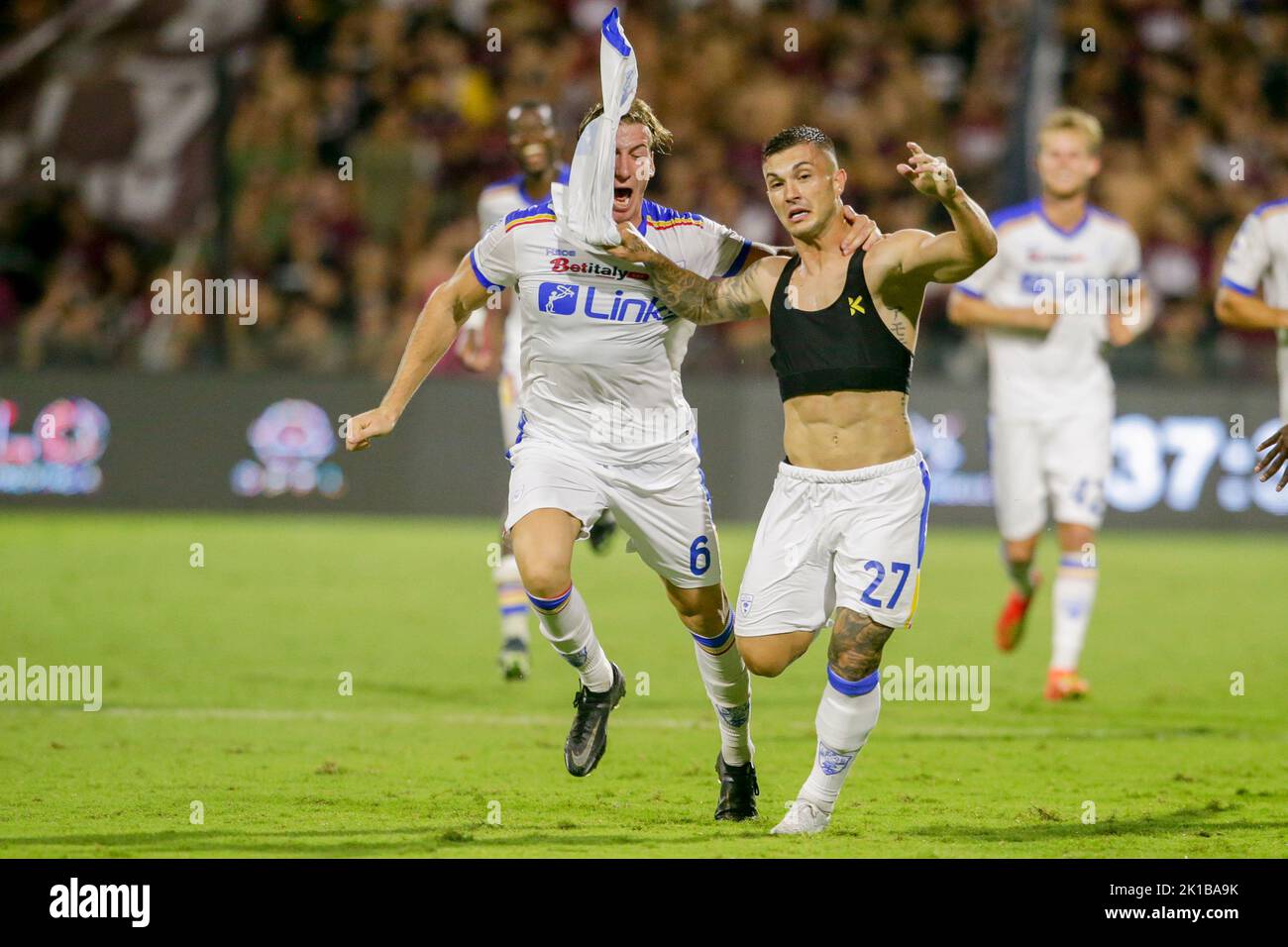 Lecce’s Brazilian forward Gabriel Strefezza celebrates after scoring a goal during the Serie A football match between Salernitana and  Lecce  at the Arechi Stadium in Salerno, southern Italy, on September 16, 2021. Stock Photo