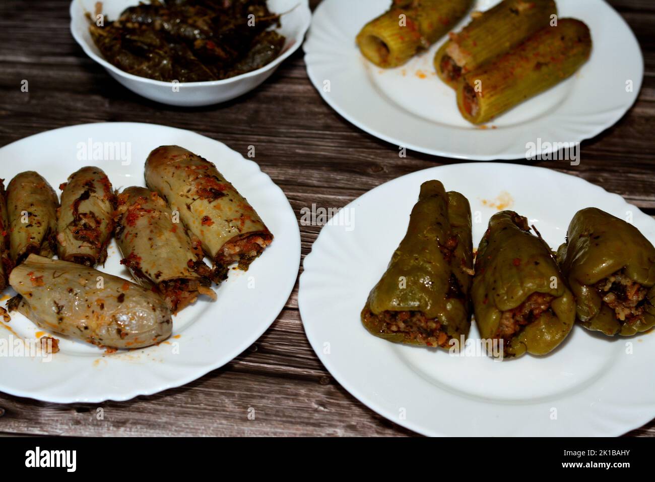 Stuffed squash zucchini Mahshi, eggplants, wrapped grape leaves and