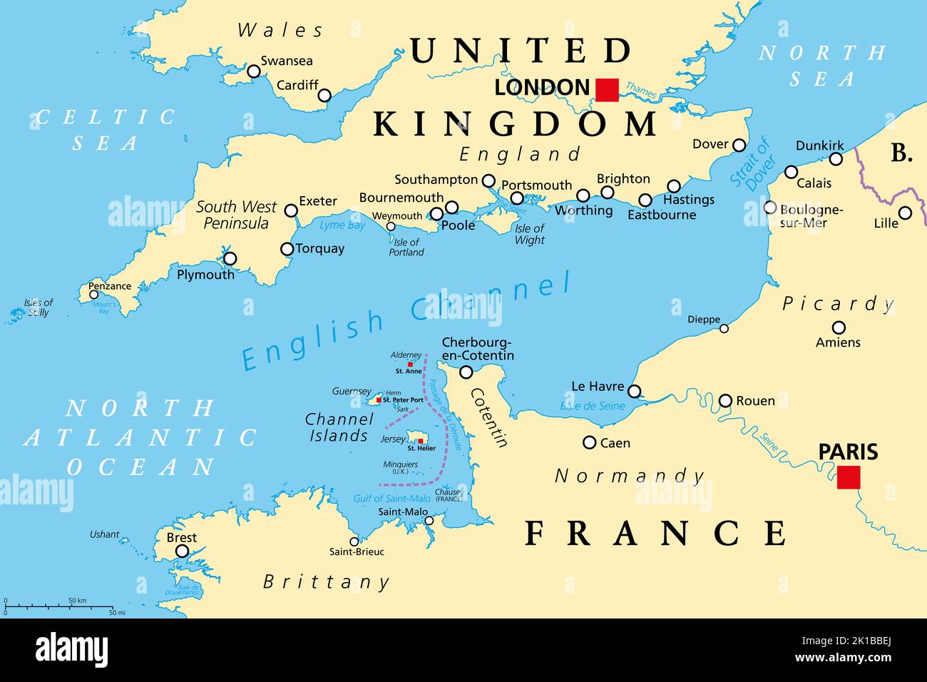 English Channel political map. Also British Channel. Arm of Atlantic Ocean separates Southern England from northern France. Stock Photo