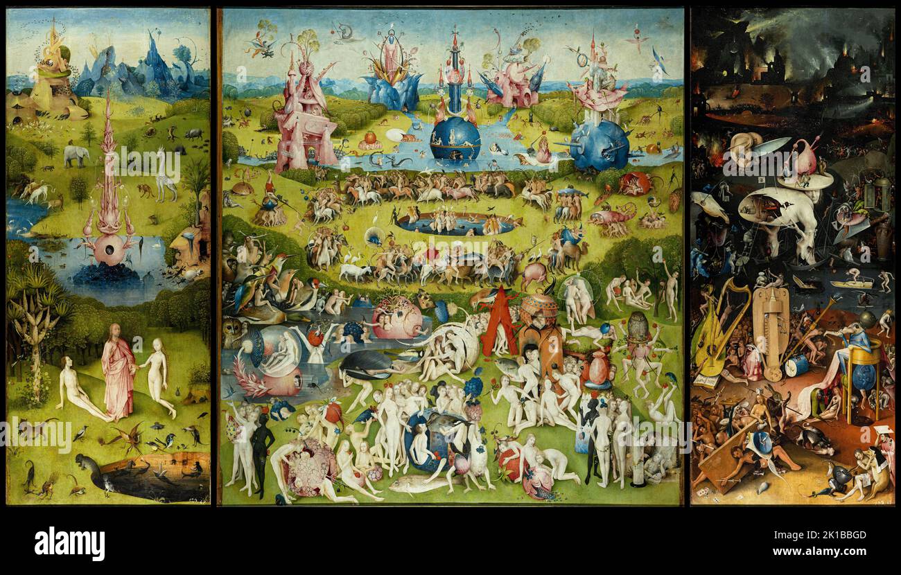 Hieronymus Bosch (1450-1516), The Garden of Earthly Delights, 1490 - 1510, triptych, oil on wood panels. Museo del Prado, Madrid, Spain. Stock Photo