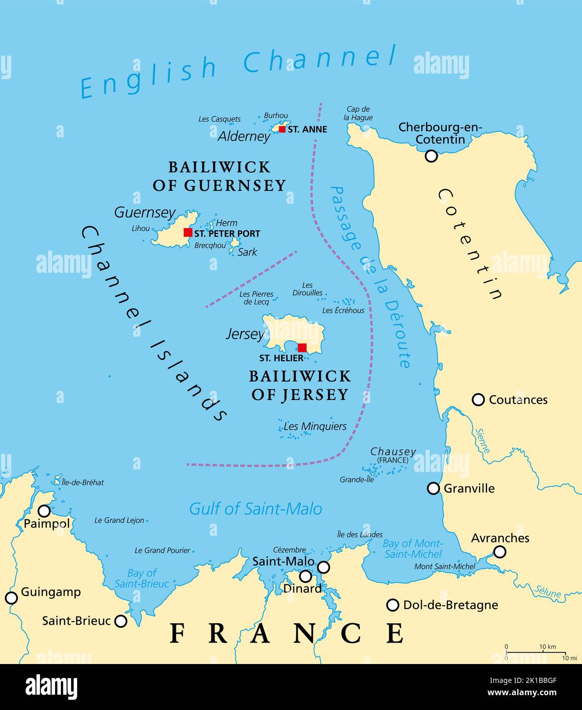 Channel Islands, political map. The Crown Dependencies Bailiwick of Guernsey and Bailiwick of Jersey, an archipelago in the English Channel. Stock Photo