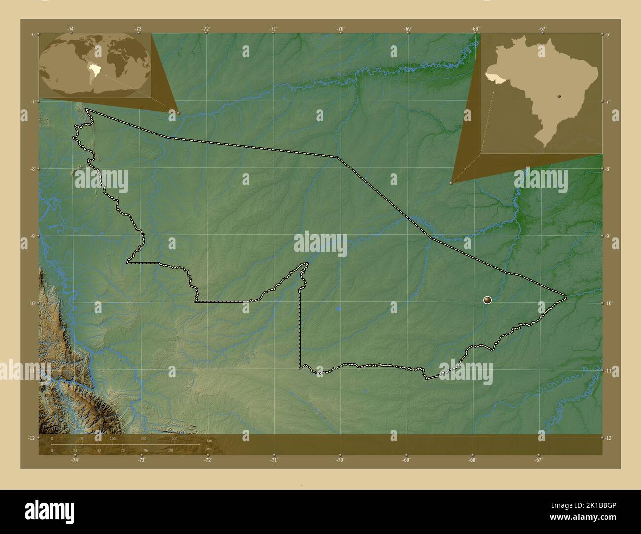 Acre, state of Brazil. Colored elevation map with lakes and rivers