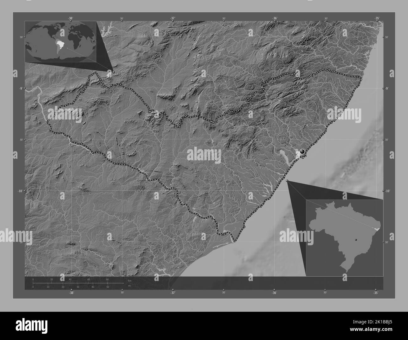 Alagoas, state of Brazil. Bilevel elevation map with lakes and rivers