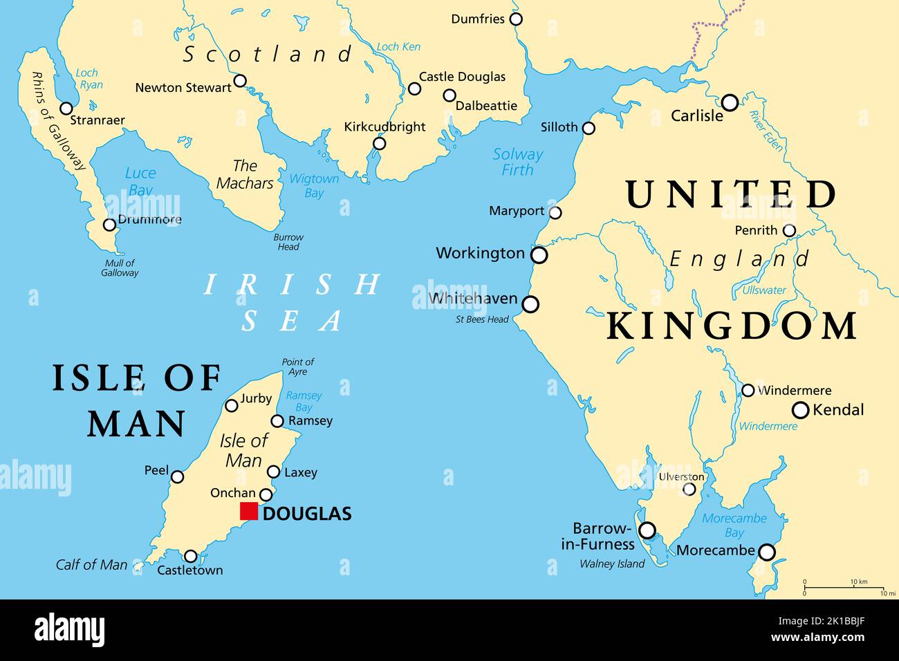 Isle of Man, also known as Mann, political map. An island nation and British Crown Dependency in the Irish Sea, between Great Britain and Ireland. Stock Photo