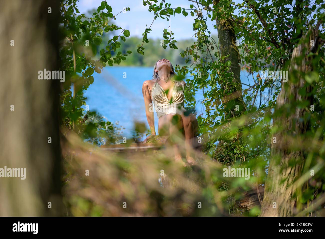 Attractive blond woman wearing a gold gogo dress posing on a tree trunk at the edge of a lake Stock Photo