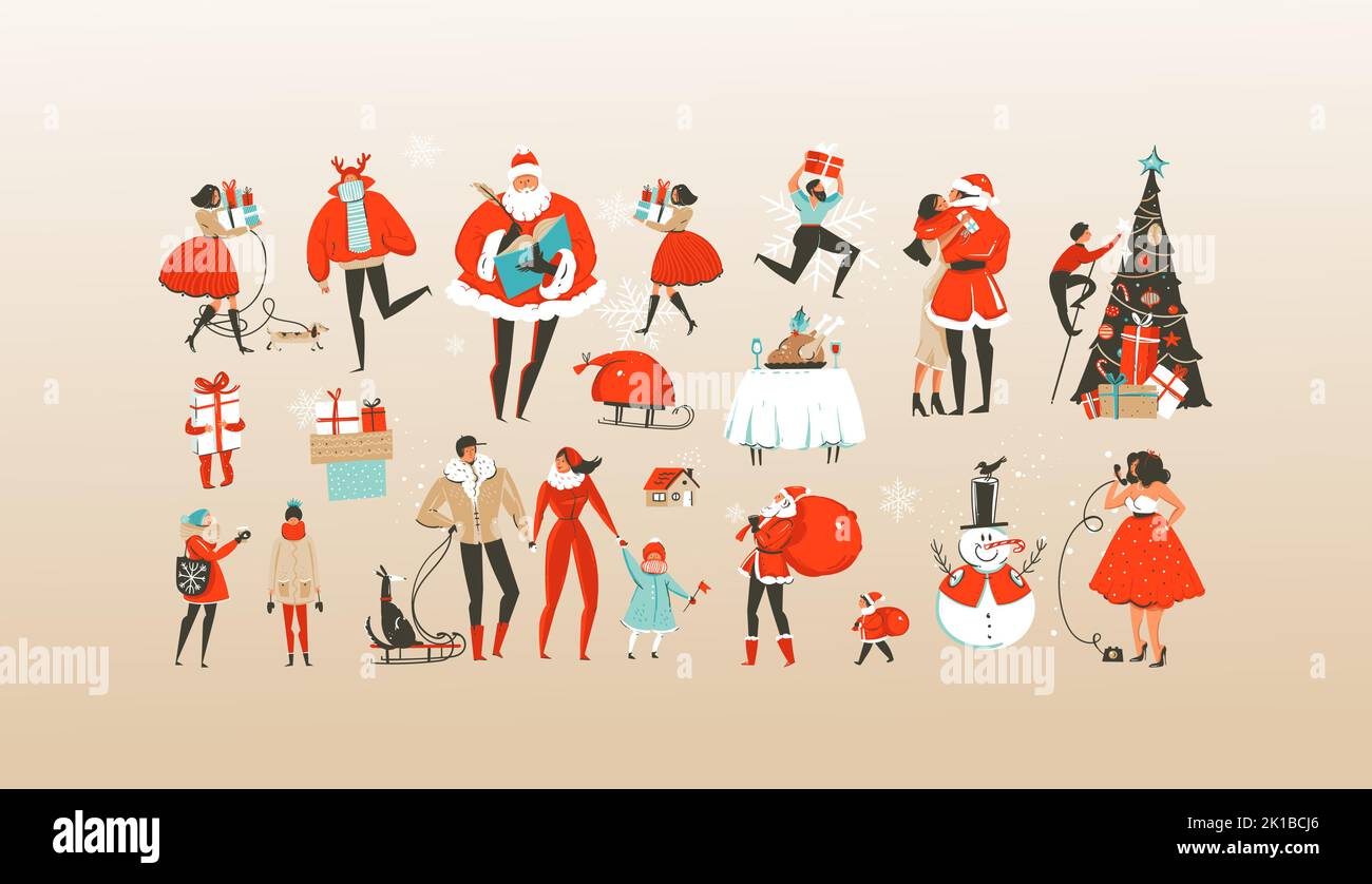 Hand drawn vector abstract Merry Christmas and Happy New Year cartoon illustrations greeting collection set with celebrating people characters,Santa Stock Vector