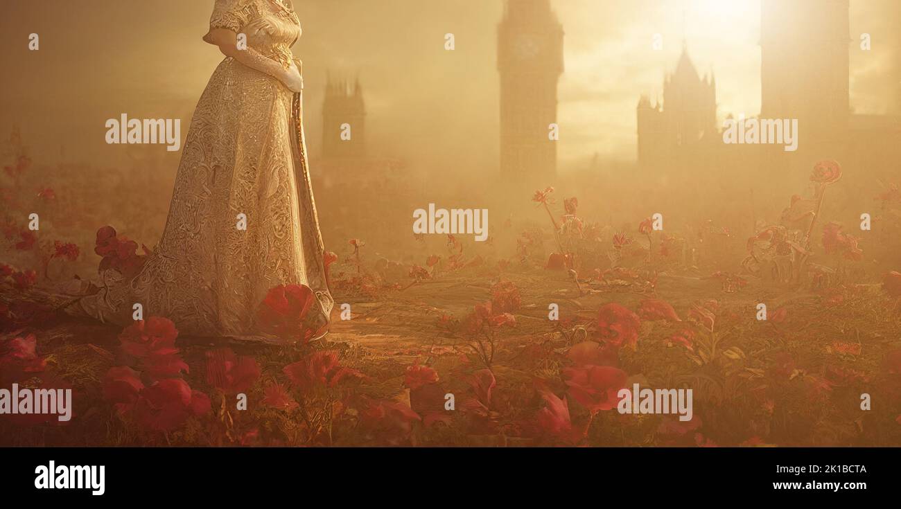 The queen of the United Kingdom with roses in the garden of Westminster palace at sunset. 3D illustration and digital painting. Stock Photo