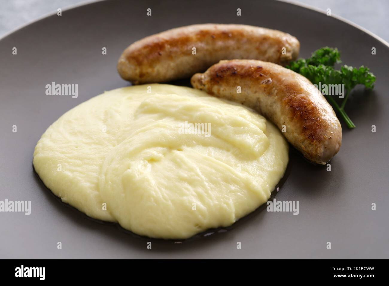 Pommes Aligot and grilled sausage, French cuisine Stock Photo