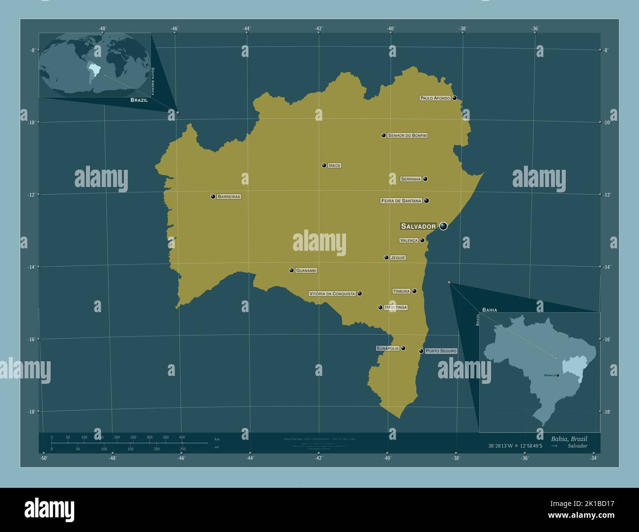 Bahia, state of Brazil. Solid color shape. Locations and names of major