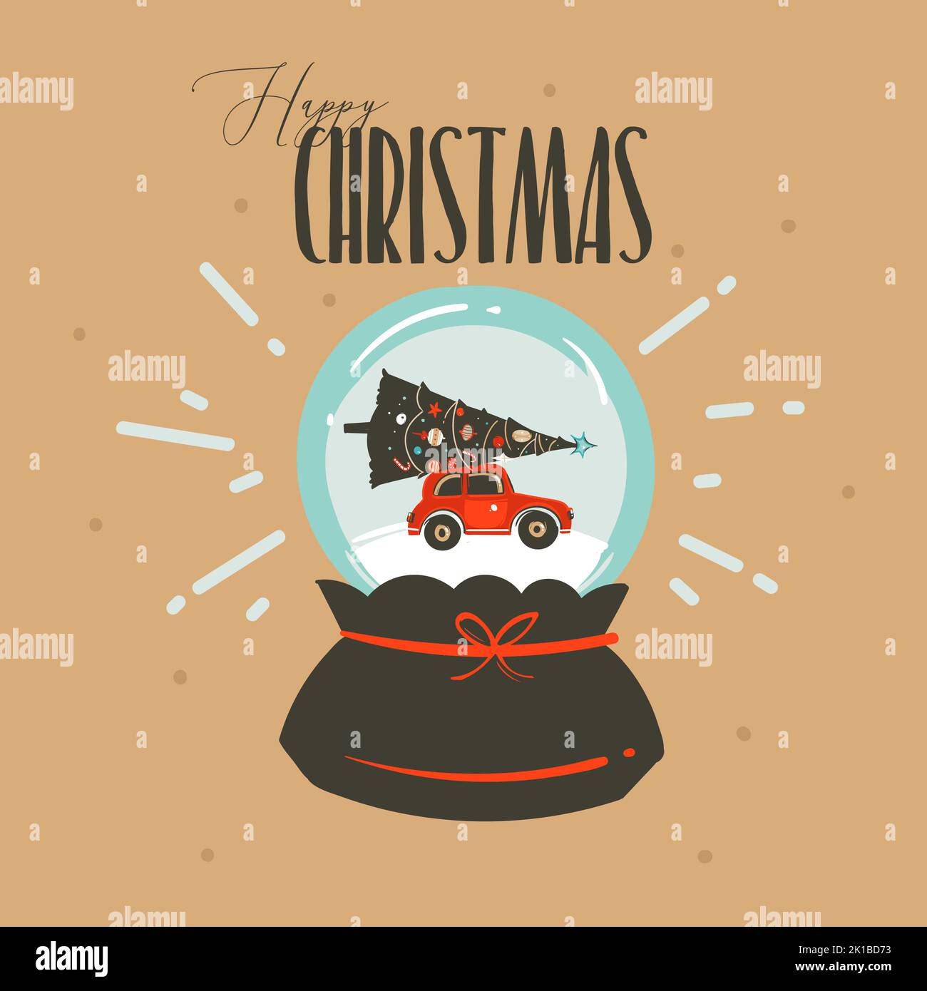 Hand drawn vector abstract fun Merry Christmas and Happy New Year time cartoon illustration greeting card with xmas snow glass globe and car isolated Stock Vector