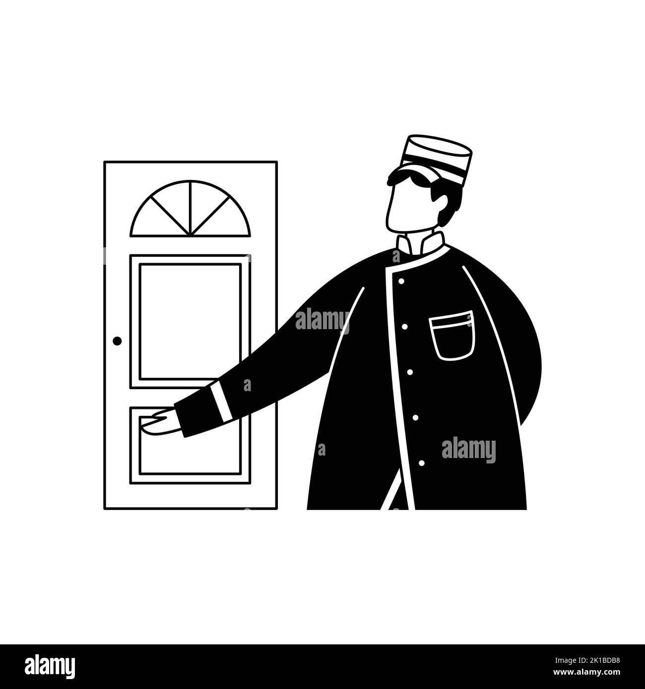 Vector illustration of the doorman at the door. The hospitality business. Profession. Stock Vector