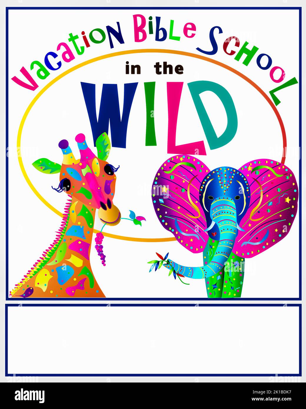 VBS graphic poster advertising poster with availability for text below.  VBS in the Wild,  Giraffe and Elephant focus is on Stock Photo